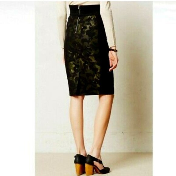 Anthropologie Maeve Jacquard Camo Khaki & Black Side Stripe Pencil Skirt 4 - Picture 4 of 16